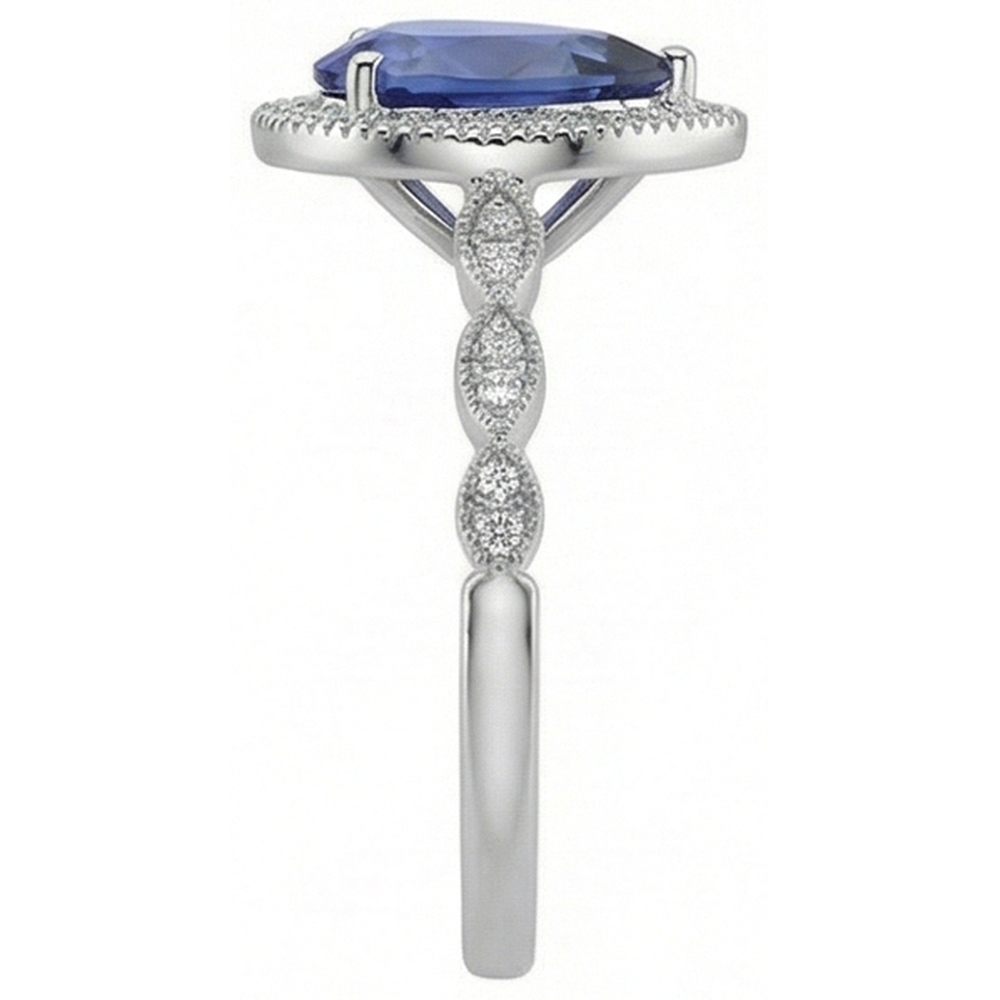 Blauer Saphir Birnen-Schliff Farbstein-Ring in 14 Karat Weißgold – Profilansicht