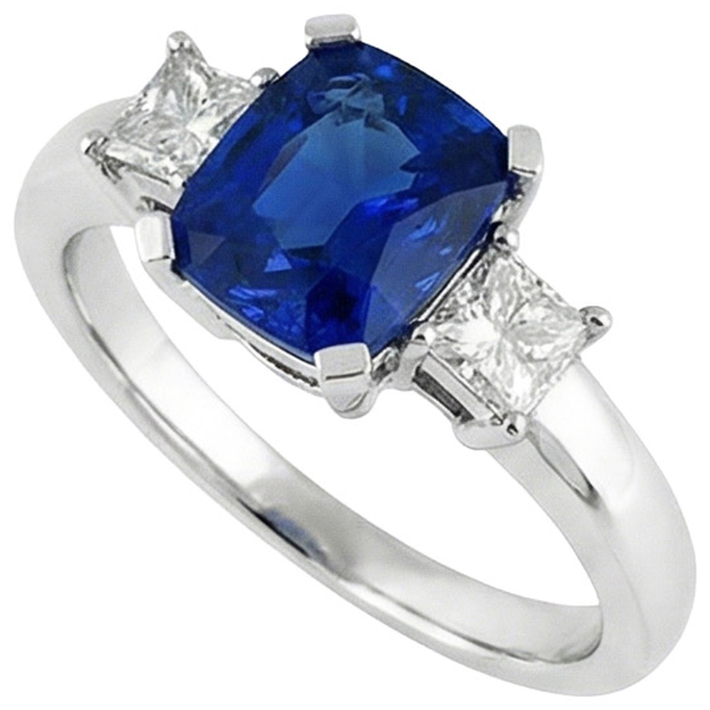3 Ceylon-Saphir und Aus der Erde Abgebauter Natürlicher Diamanten im Steinstil 4.01 ct. Ring Weißgold 14K