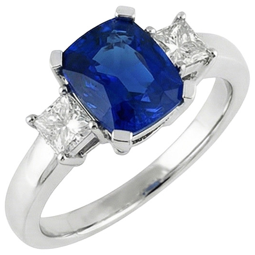 3 Ceylon-Saphir und Aus der Erde Abgebauter Natürlicher Diamanten im Steinstil 4.01 ct. Ring Weißgold 14K