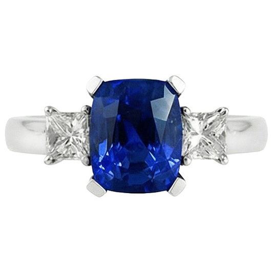 3 Ceylon-Saphir und Aus der Erde Abgebauter Natürlicher Diamanten im Steinstil 4.01 ct. Ring Weißgold 14K