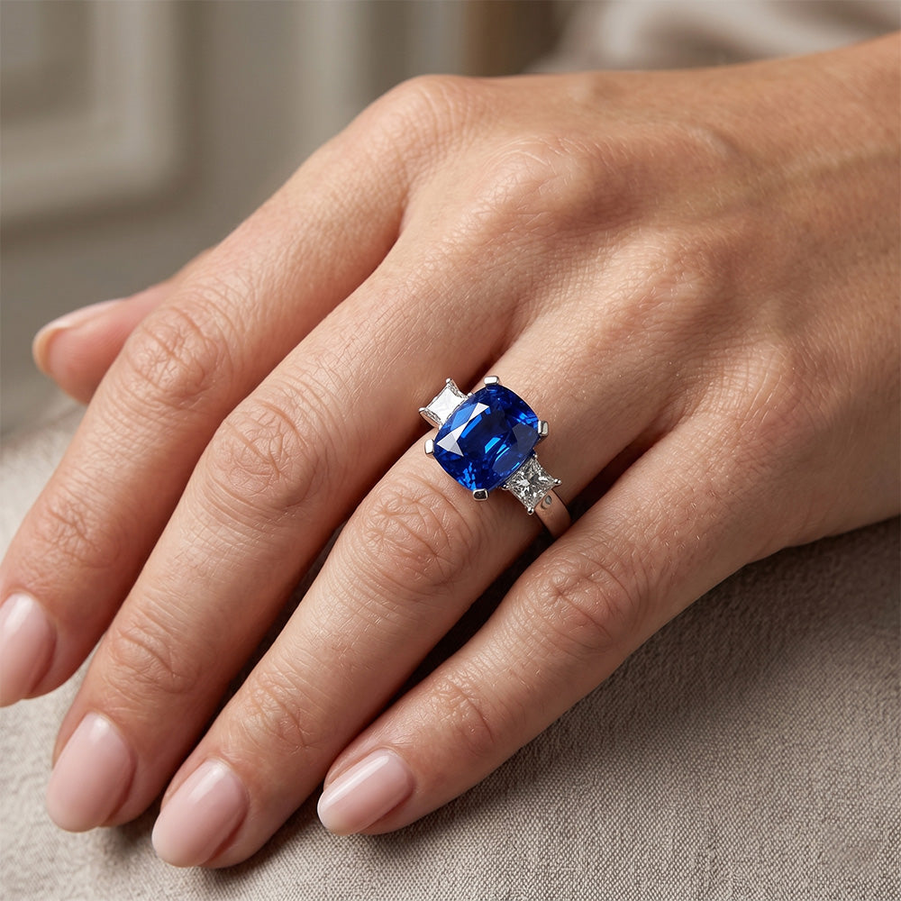 3 Ceylon-Saphir und Aus der Erde Abgebauter Natürlicher Diamanten im Steinstil 4.01 ct. Ring Weißgold 14K