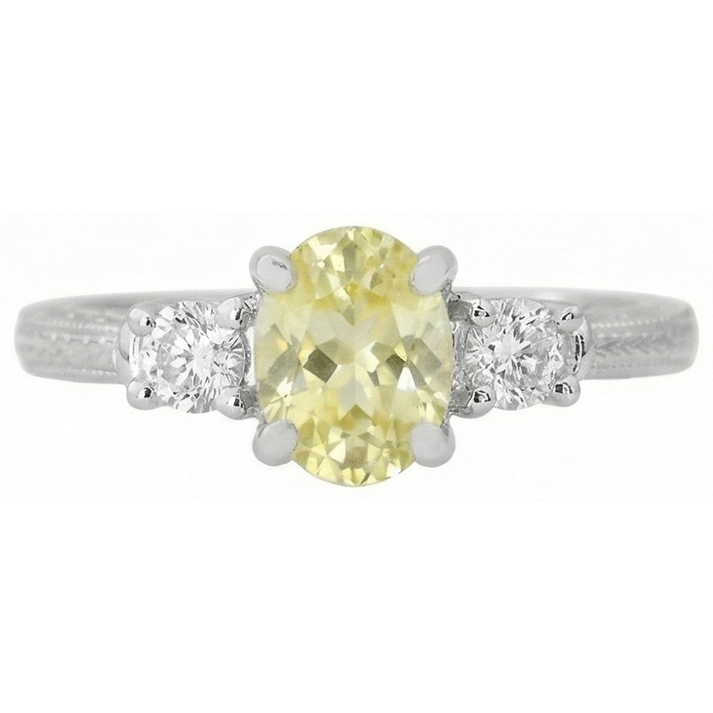 3 Karat Drei-Stein-Ring mit gelbem Saphir und Aus der Erde Abgebauter Natürlicher Diamanten. 14 Karat Weißgold