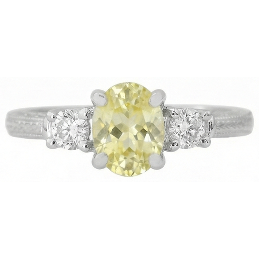 3 Karat Drei-Stein-Ring mit gelbem Saphir und Aus der Erde Abgebauter Natürlicher Diamanten. 14 Karat Weißgold
