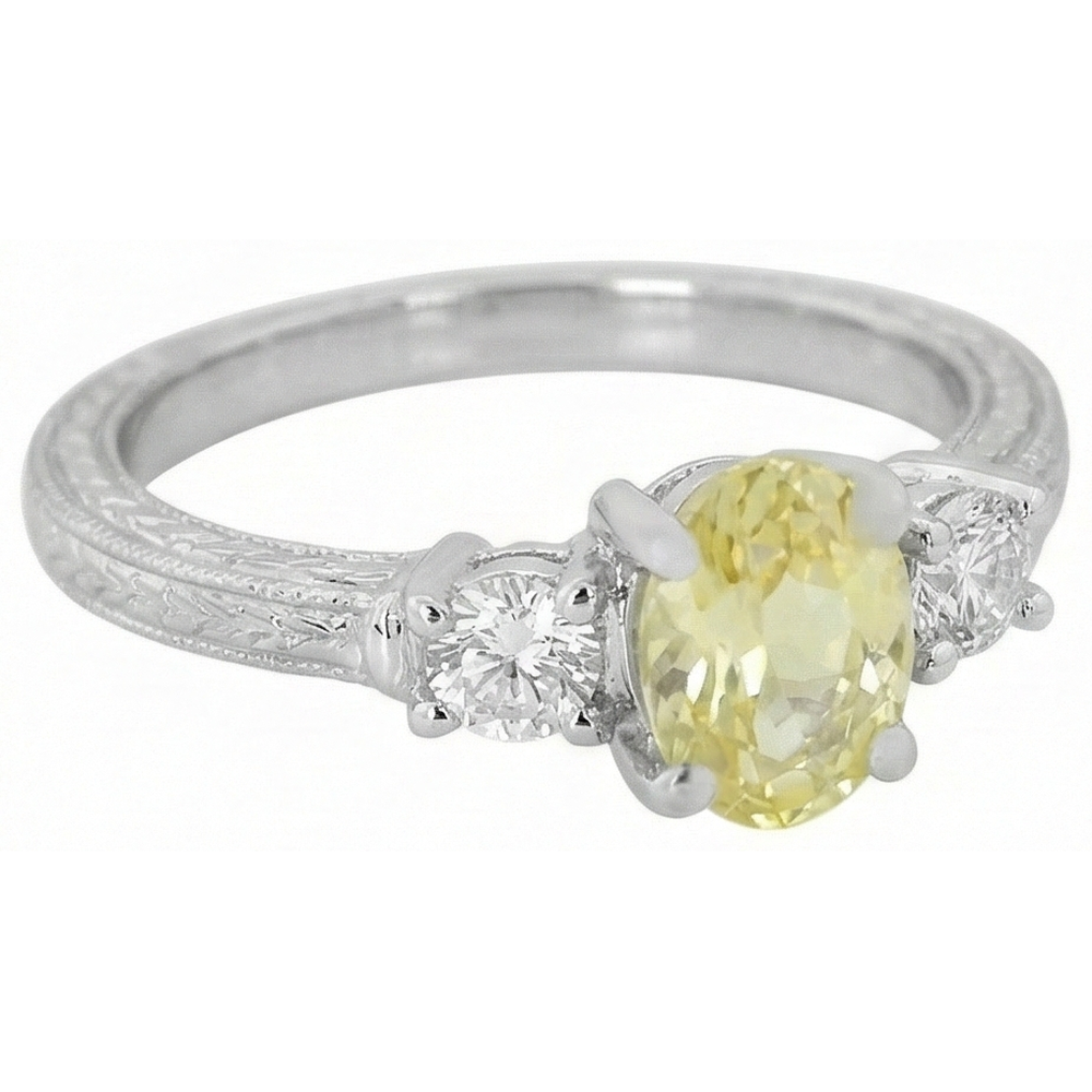 3 Karat Drei-Stein-Ring mit gelbem Saphir und Aus der Erde Abgebauter Natürlicher Diamanten. 14 Karat Weißgold