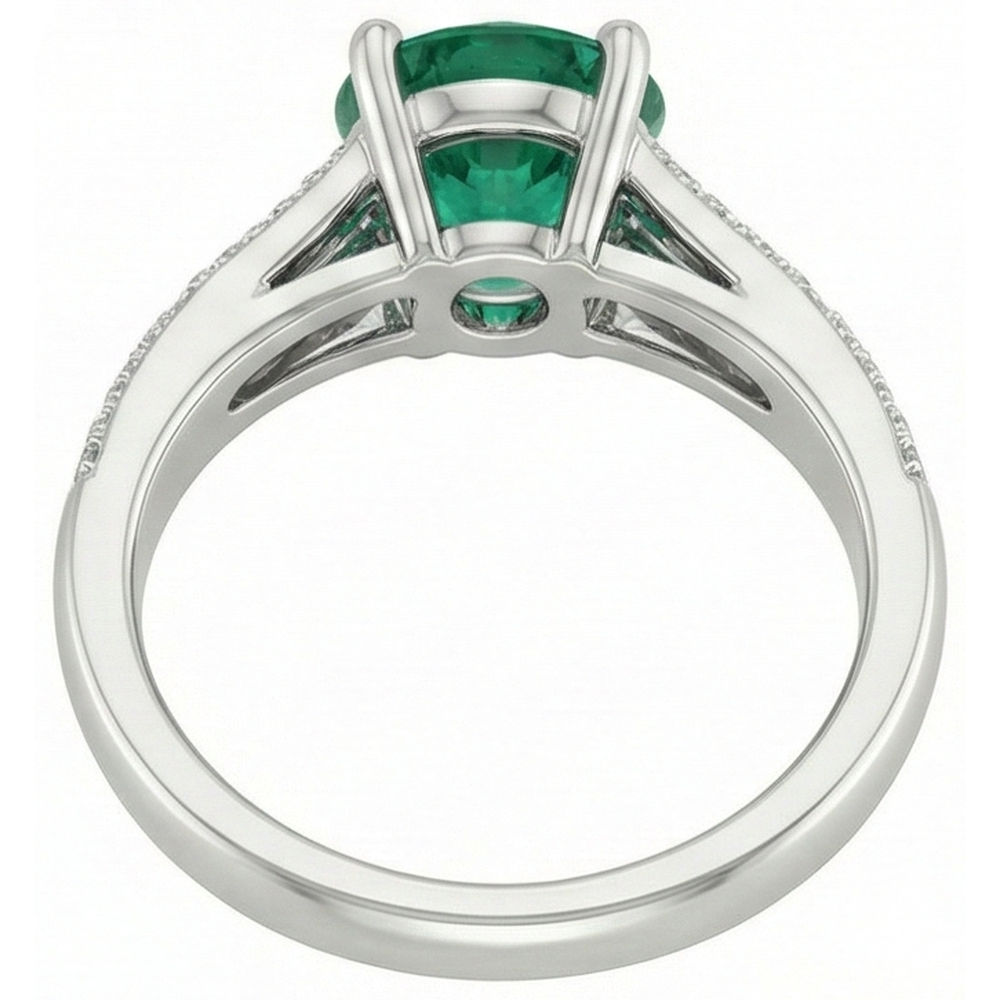 3 Karat Edelstein Runder Grün Smaragd & Aus der Erde Abgebauter Natürlicher Diamanten Ring Weißgold