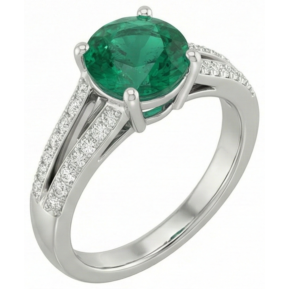 3 Karat Edelstein Runder Grün Smaragd & Aus der Erde Abgebauter Natürlicher Diamanten Ring Weißgold