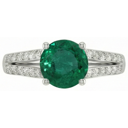 3 Karat Edelstein Runder Grün Smaragd & Aus der Erde Abgebauter Natürlicher Diamanten Ring Weißgold