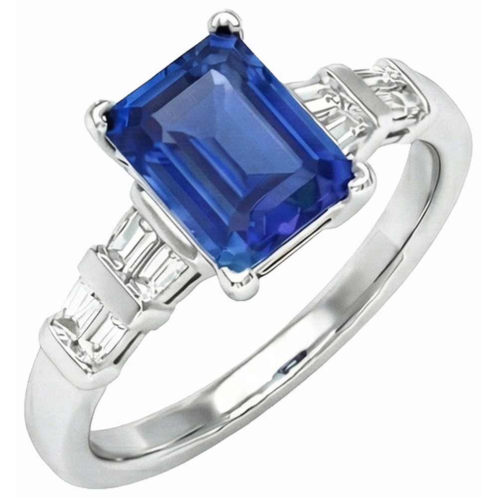 3 Karat Gold-Smaragd-Ceylon-Saphir-Ring mit Baguette-Natürlicher Diamant ( nicht im Labor gezüchtet )en