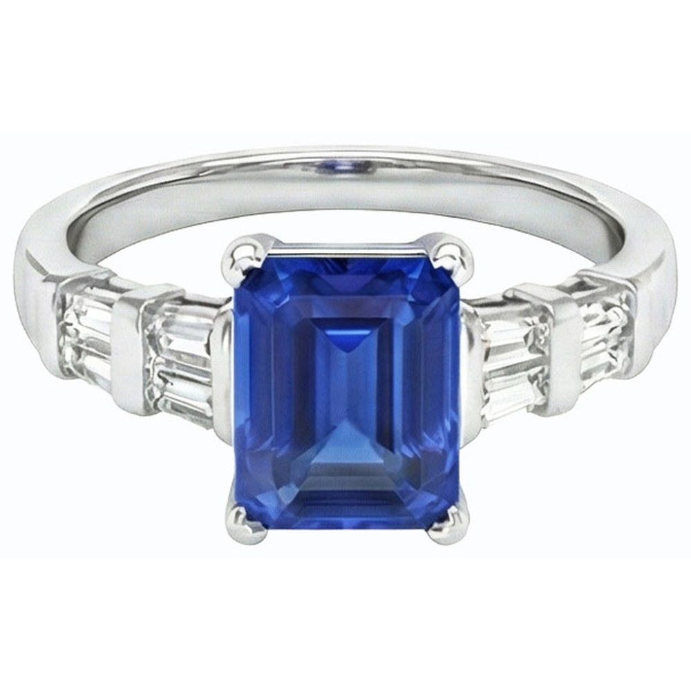 3 Karat Gold-Smaragd-Ceylon-Saphir-Ring mit Baguette-Natürlicher Diamant ( nicht im Labor gezüchtet )en