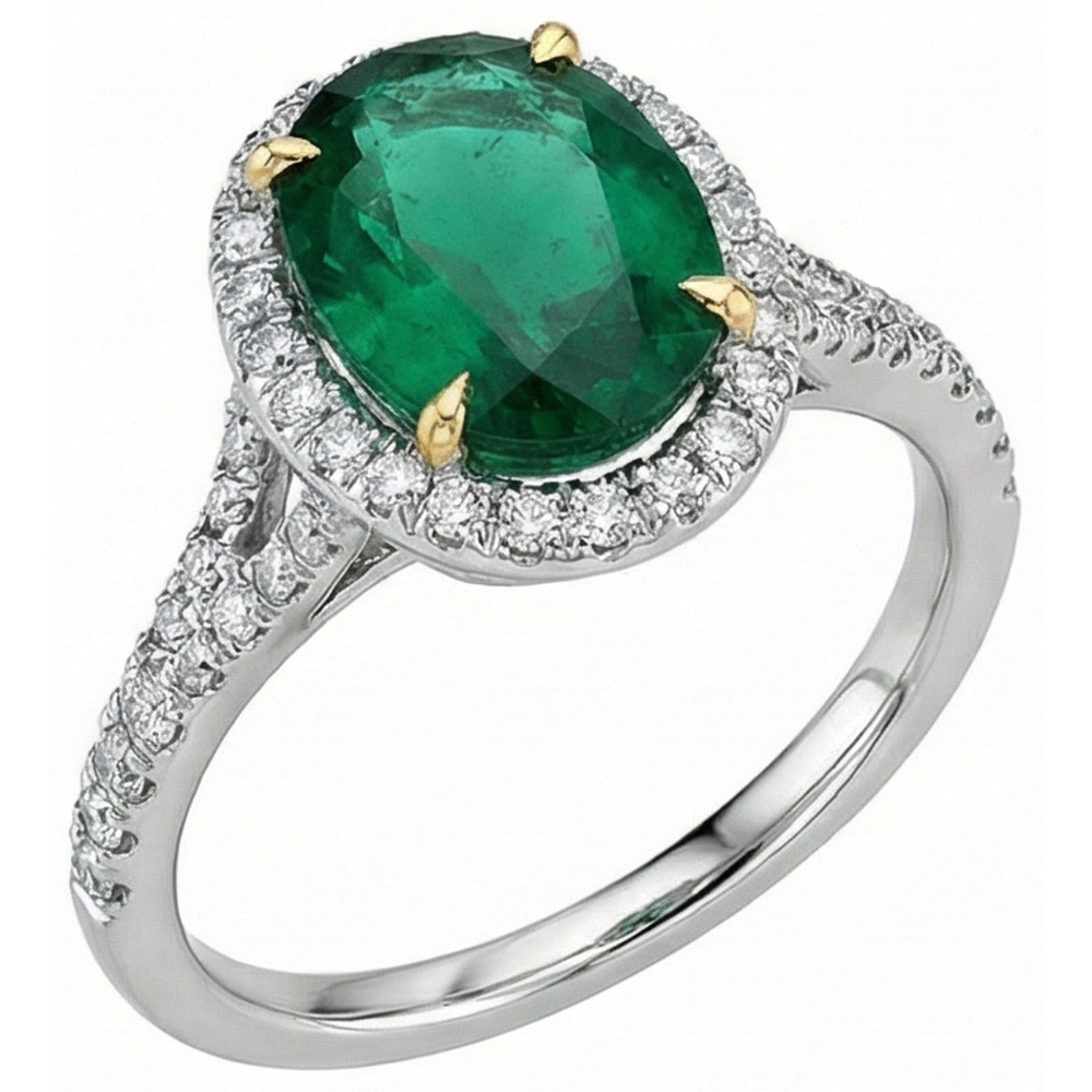 3 Karat Grüner Smaragd im Ovalschliff mit Aus der Erde Abgebauter Natürlicher Diamantring Weißgold 14K