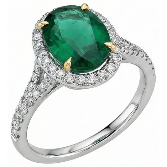 3 Karat Grüner Smaragd im Ovalschliff mit Aus der Erde Abgebauter Natürlicher Diamantring Weißgold 14K