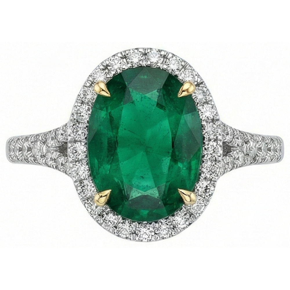 3 Karat Grüner Smaragd im Ovalschliff mit Aus der Erde Abgebauter Natürlicher Diamantring Weißgold 14K