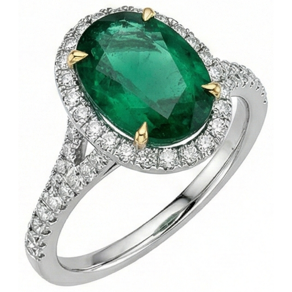 3 Karat Grüner Smaragd im Ovalschliff mit Aus der Erde Abgebauter Natürlicher Diamantring Weißgold 14K