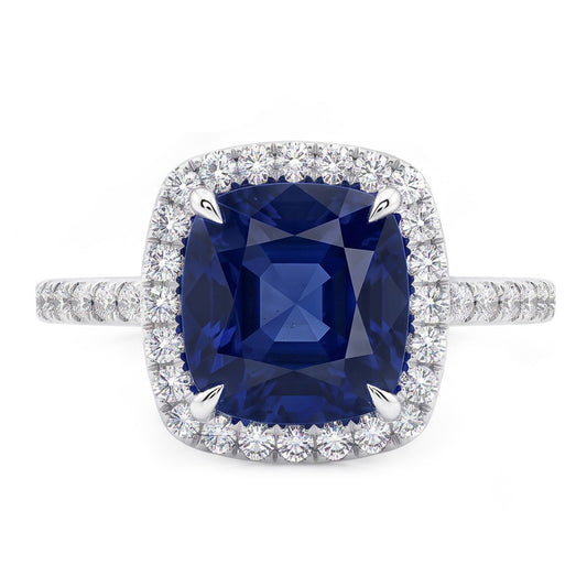 3-Karat-Kissenring aus natürlichem Sri Lanka mit blauem Saphir und Halo-Aus der Erde Abgebauter Natürlicher Diamant