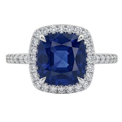 3-Karat-Kissenring aus natürlichem Sri Lanka mit blauem Saphir und Halo-Aus der Erde Abgebauter Natürlicher Diamant