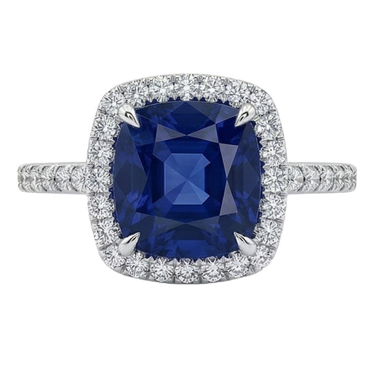 3-Karat-Kissenring aus natürlichem Sri Lanka mit blauem Saphir und Halo-Aus der Erde Abgebauter Natürlicher Diamant