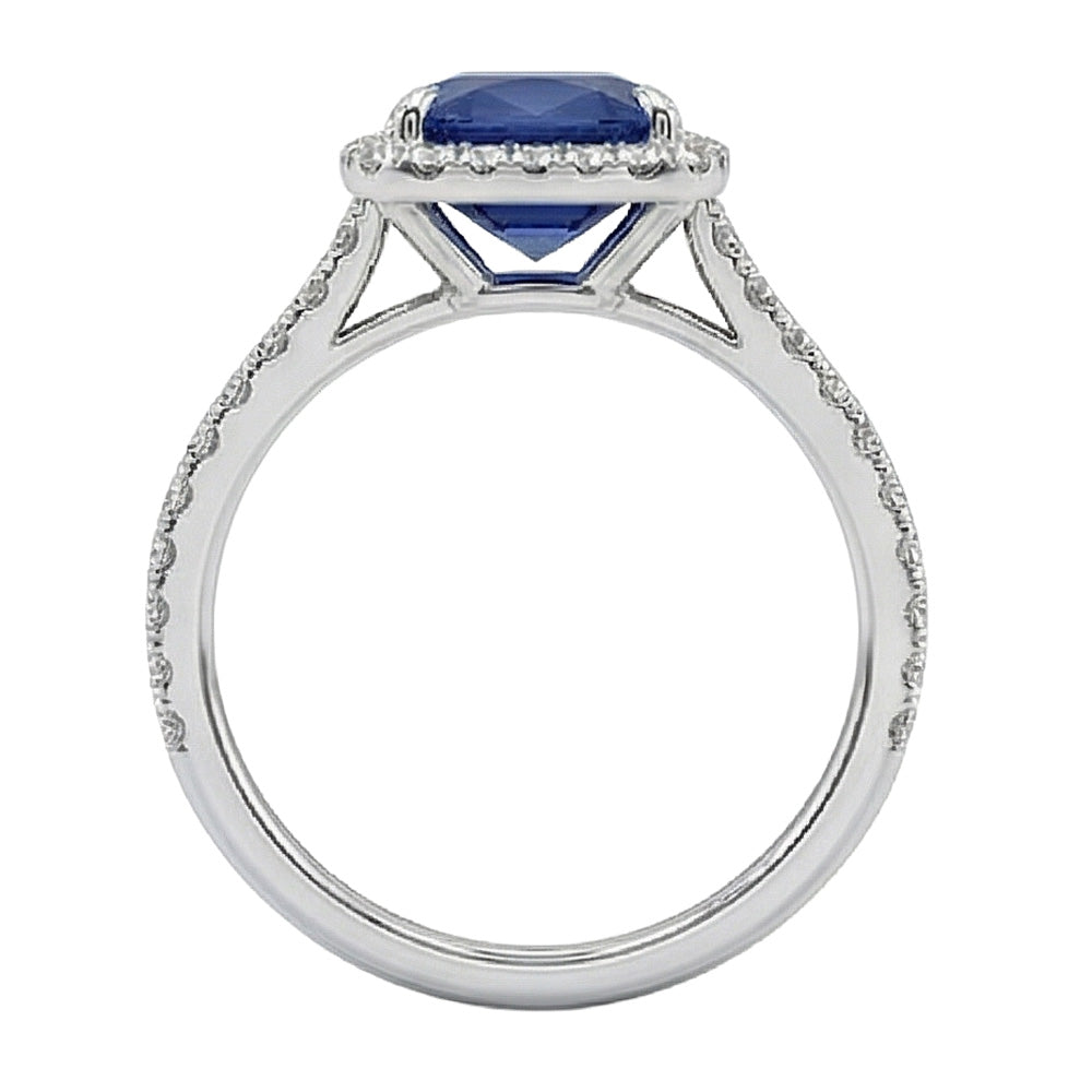 3-Karat-Kissenring aus natürlichem Sri Lanka mit blauem Saphir und Halo-Aus der Erde Abgebauter Natürlicher Diamant