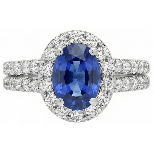 3 Karat Ovaler blauer Saphir und runde Aus der Erde Abgebauter Natürlicher Diamanten Ring Weißgold 14K