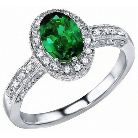 3 Karat Ovalschliff grüner Smaragd mit Aus der Erde Abgebauter Natürlicher Diamantring Weißgold 14K