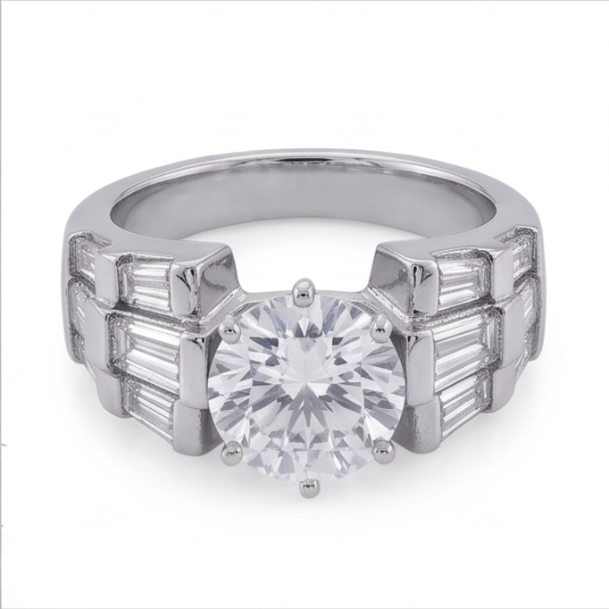 3 Karat Rund- und Baguette-Echt Aus der Erde Abgebauter Natürlicher Diamant-Jubiläumsring Weißgold 14K