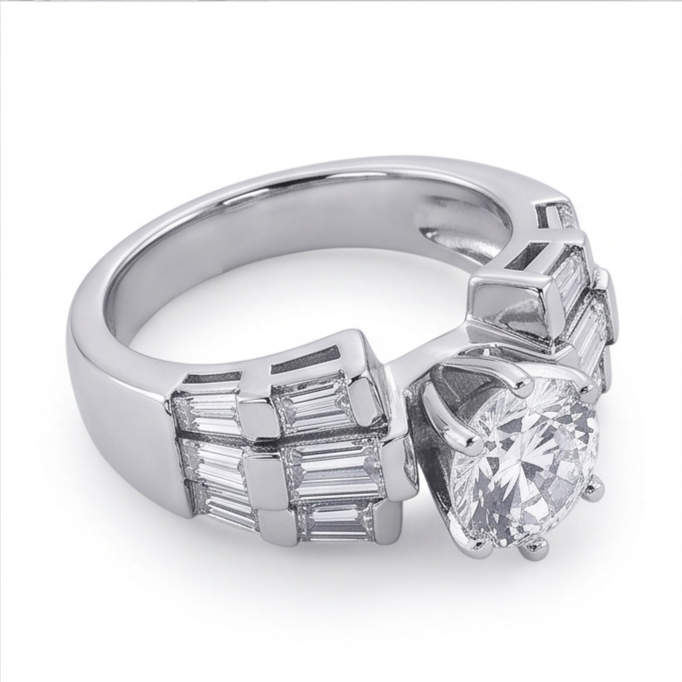 3 Karat Rund- und Baguette-Echt Aus der Erde Abgebauter Natürlicher Diamant-Jubiläumsring Weißgold 14K