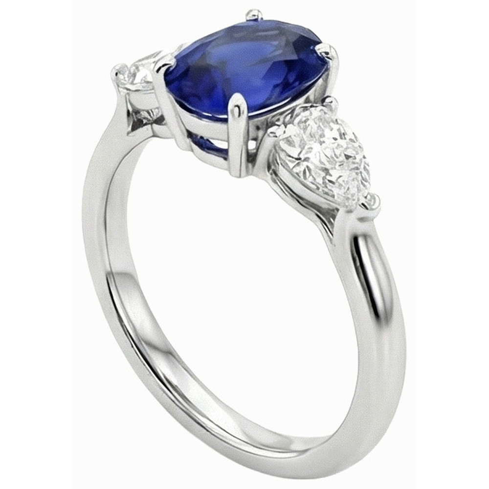 3 Karat drei Steine Oval tiefblauer Saphir & Birnendiamanten