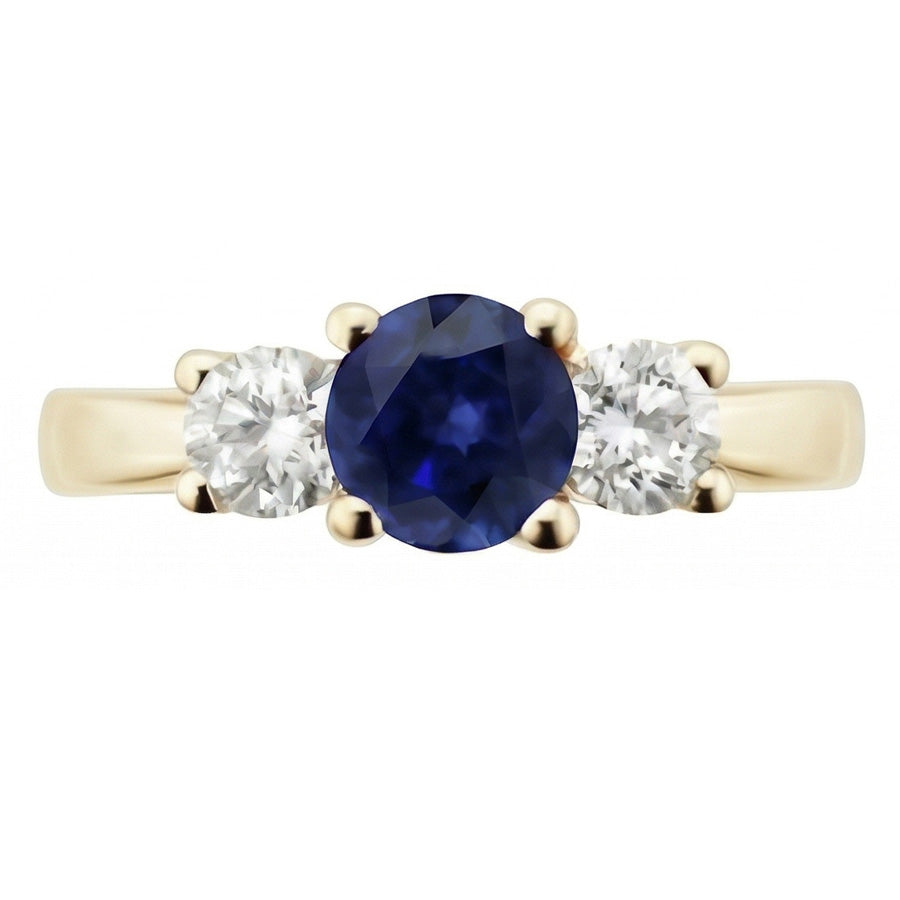 3 Karat runder Aus der Erde Abgebauter Natürlicher Diamant-Saphir-Ring 3 Steine, konischer Schaft Gelbgold