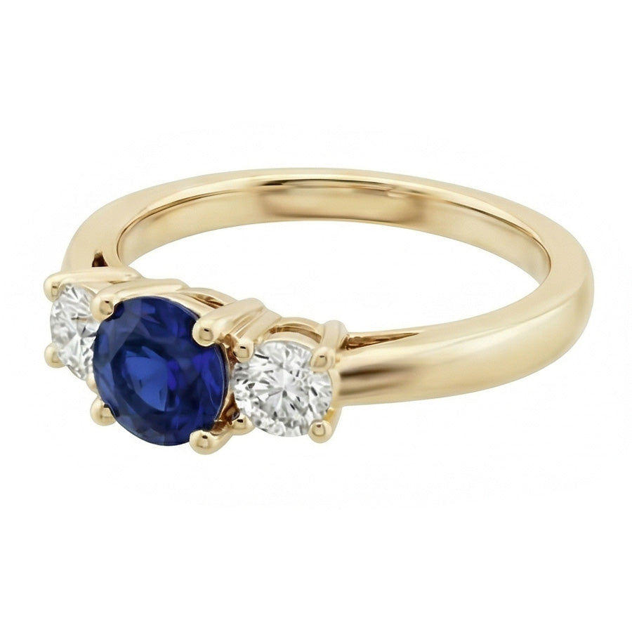 3 Karat runder Aus der Erde Abgebauter Natürlicher Diamant-Saphir-Ring 3 Steine, konischer Schaft Gelbgold