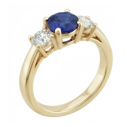 3 Karat runder Aus der Erde Abgebauter Natürlicher Diamant-Saphir-Ring 3 Steine, konischer Schaft Gelbgold