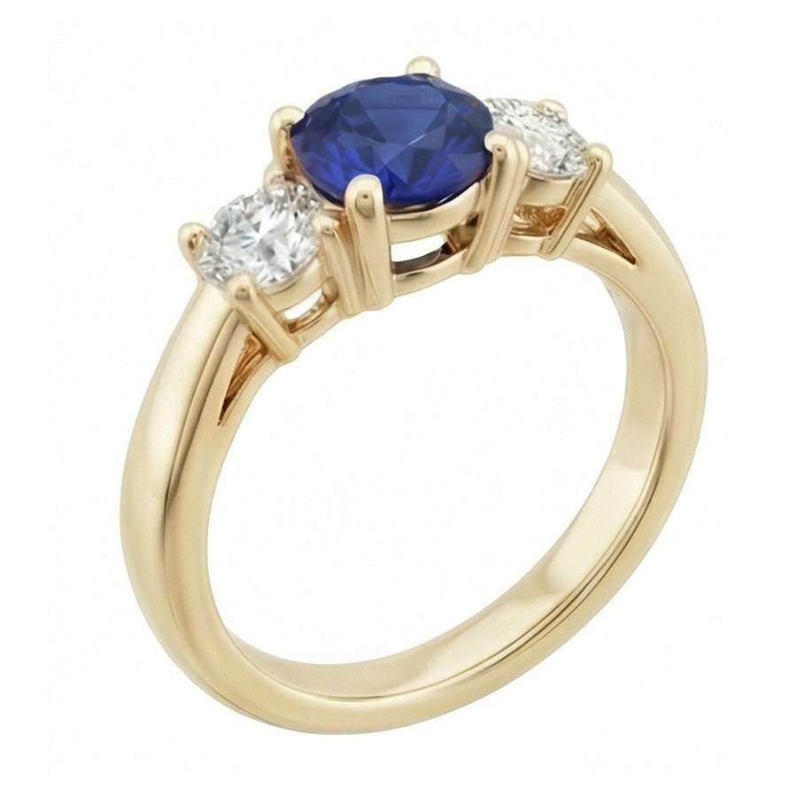 3 Karat runder Aus der Erde Abgebauter Natürlicher Diamant-Saphir-Ring 3 Steine, konischer Schaft Gelbgold