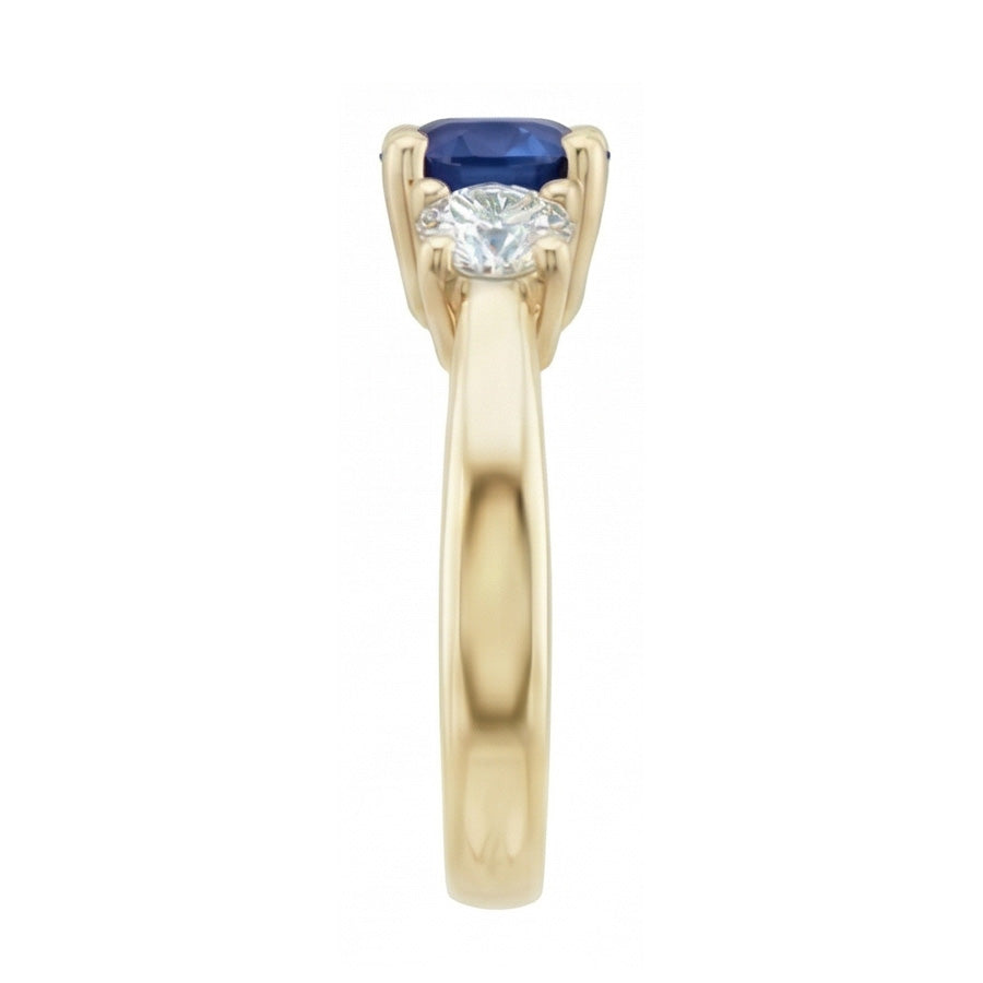 3 Karat runder Aus der Erde Abgebauter Natürlicher Diamant-Saphir-Ring 3 Steine, konischer Schaft Gelbgold