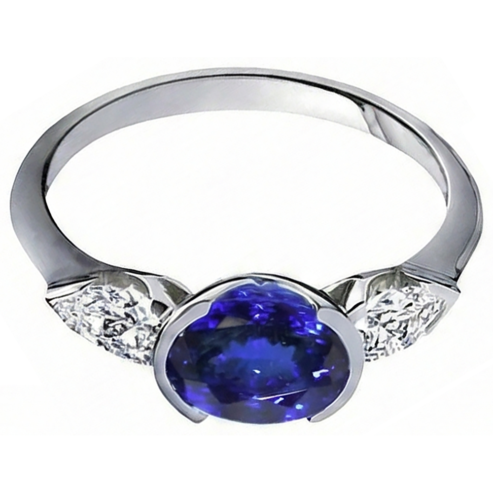 3 Kt. Ovaler Tansanit Aus der Erde Abgebauter Natürlicher Diamantring mit 3 Steinen Weißgold 14K