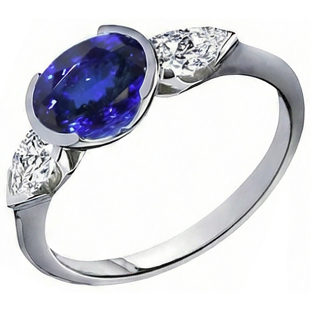 3 Kt. Ovaler Tansanit Aus der Erde Abgebauter Natürlicher Diamantring mit 3 Steinen Weißgold 14K