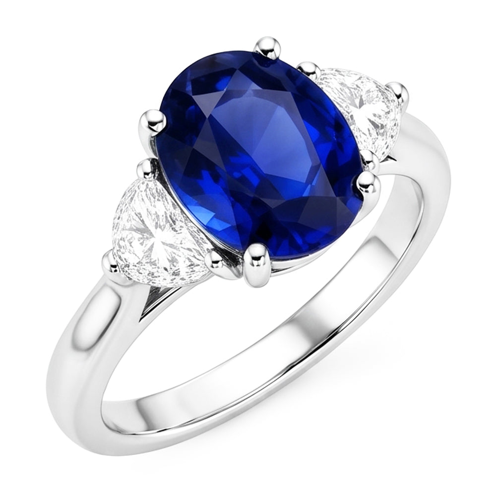 3-Stein-Aus der Erde Abgebauter Natürlicher Diamantring mit ovalem tiefblauem Saphir 8,25 Karat Gold 14K