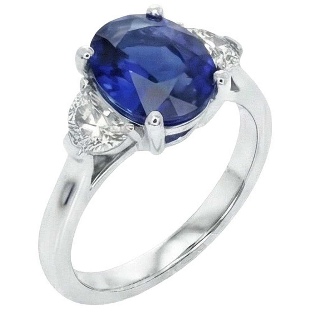 3-Stein-Aus der Erde Abgebauter Natürlicher Diamantring mit ovalem tiefblauem Saphir 8,25 Karat Gold 14K