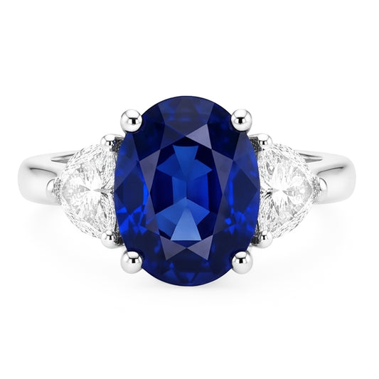 3-Stein-Aus der Erde Abgebauter Natürlicher Diamantring mit ovalem tiefblauem Saphir 8,25 Karat Gold 14K
