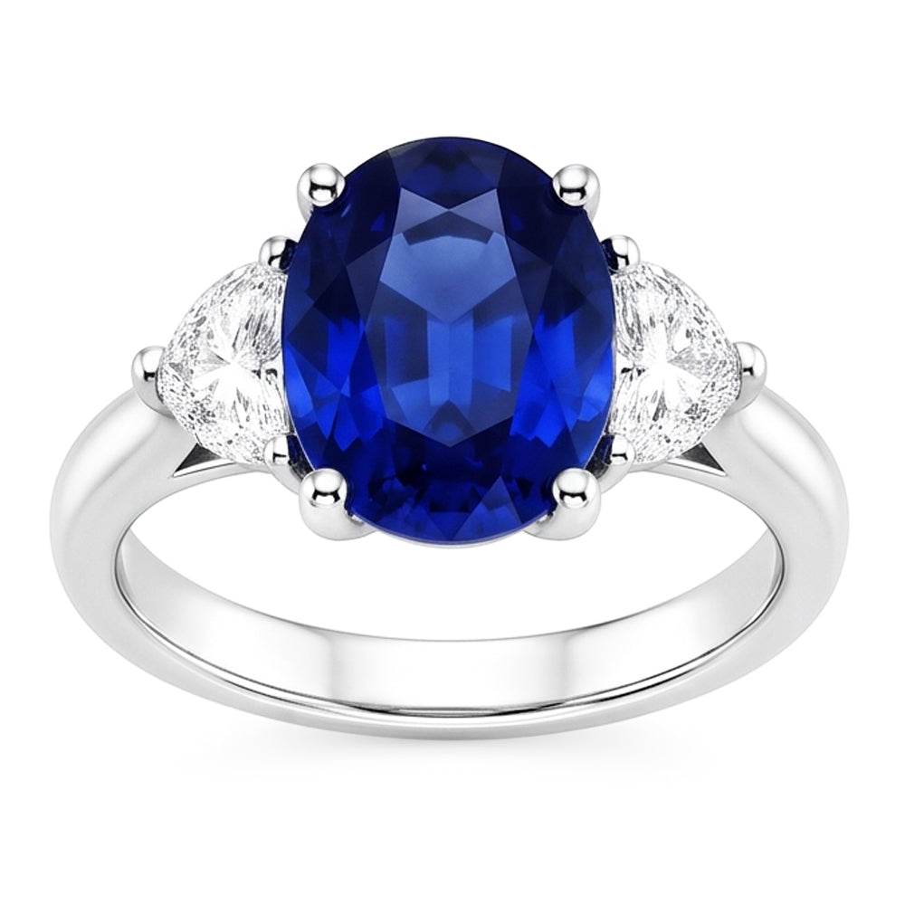 3-Stein-Aus der Erde Abgebauter Natürlicher Diamantring mit ovalem tiefblauem Saphir 8,25 Karat Gold 14K