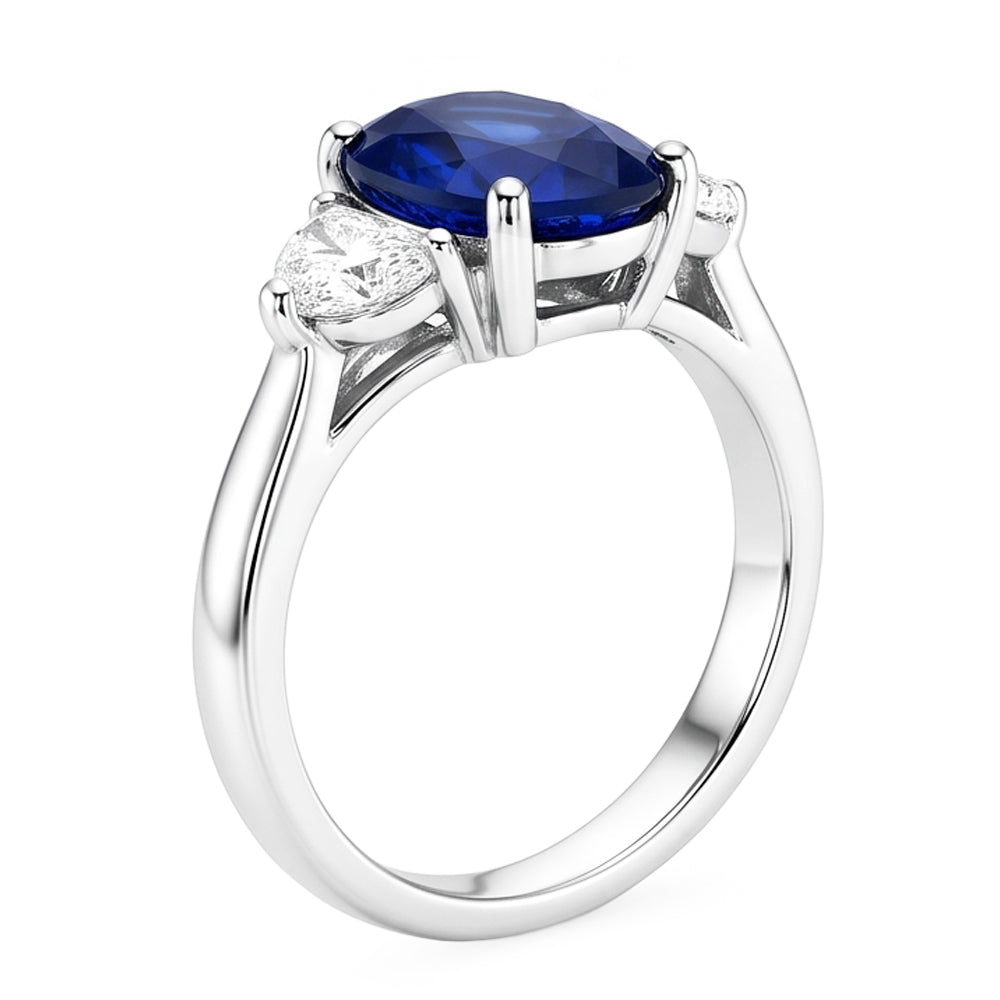 3-Stein-Aus der Erde Abgebauter Natürlicher Diamantring mit ovalem tiefblauem Saphir 8,25 Karat Gold 14K