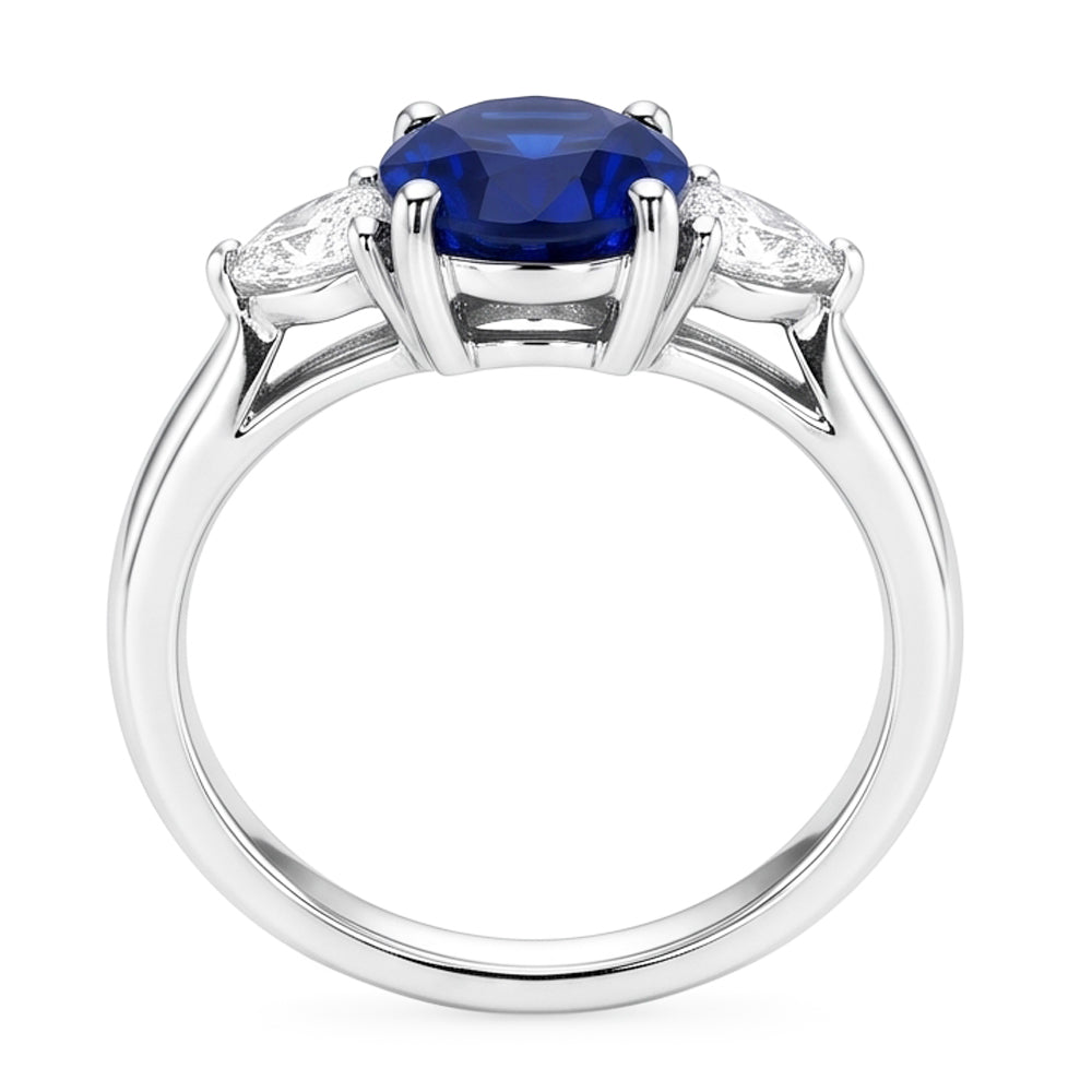 3-Stein-Aus der Erde Abgebauter Natürlicher Diamantring mit ovalem tiefblauem Saphir 8,25 Karat Gold 14K