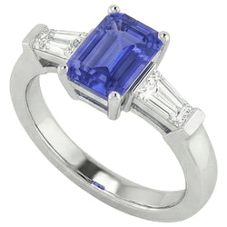 3 Stein Baguette Natürlicher Diamant ( nicht im Labor gezüchtet )en Blauer Saphir Ring Smaragdschliff 1,75 Karat