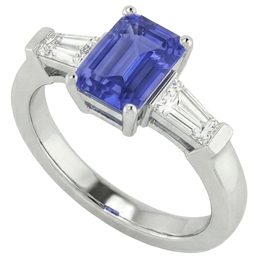 3 Stein Baguette Natürlicher Diamant ( nicht im Labor gezüchtet )en Blauer Saphir Ring Smaragdschliff 1,75 Karat