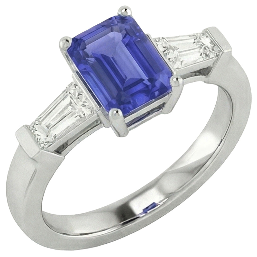 3 Stein Baguette Natürlicher Diamant ( nicht im Labor gezüchtet )en Blauer Saphir Ring Smaragdschliff 1,75 Karat