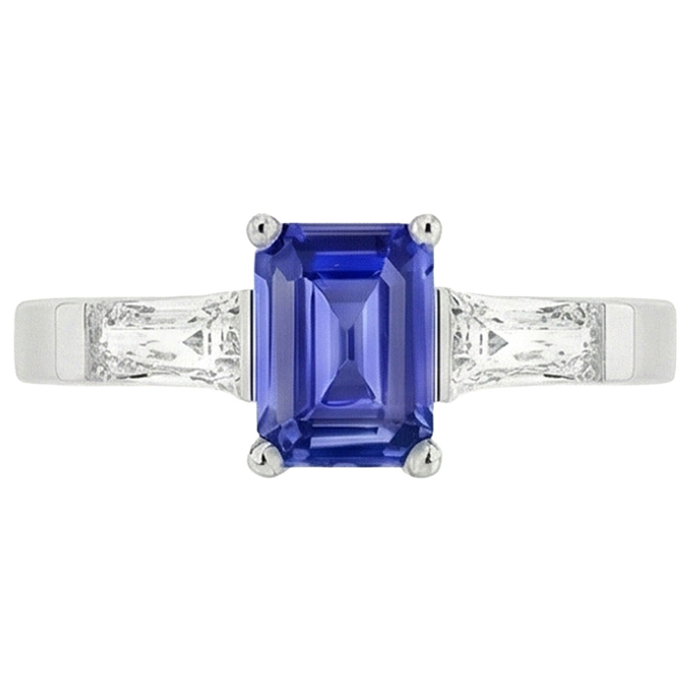 3 Stein Baguette Natürlicher Diamant ( nicht im Labor gezüchtet )en Blauer Saphir Ring Smaragdschliff 1,75 Karat