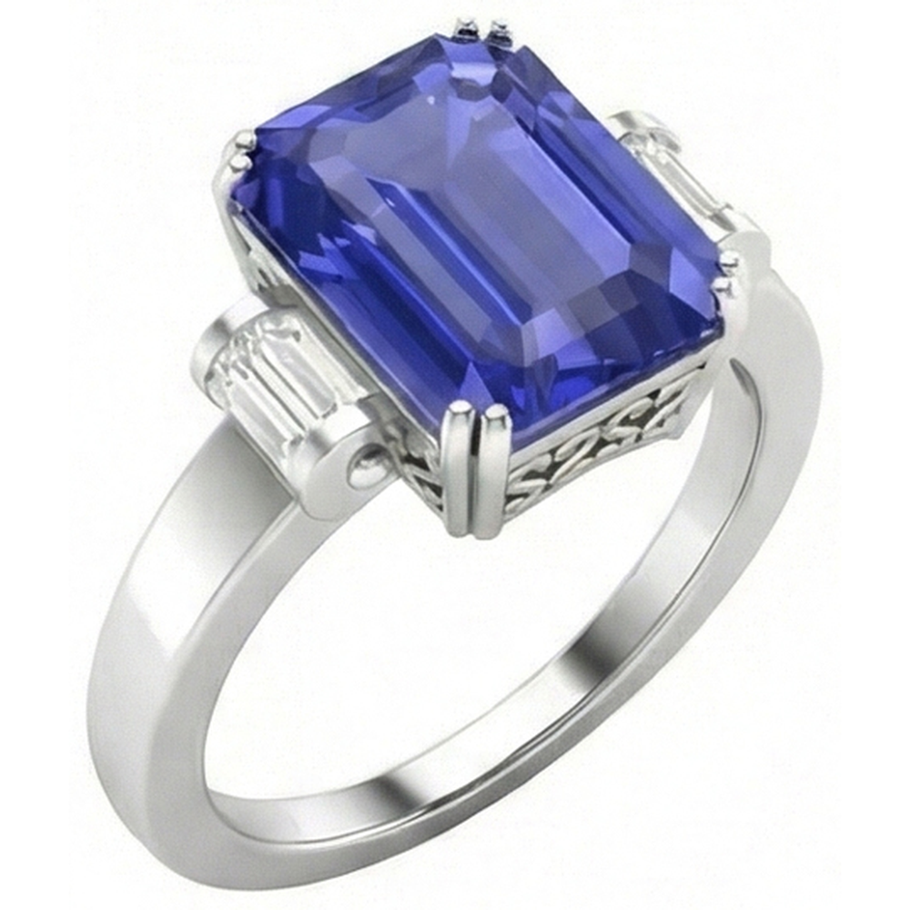 3 Stein Blauer Saphir Smaragd Ring 3 Karat Bar Set Baguette Natürlicher Diamant ( nicht im Labor gezüchtet )en