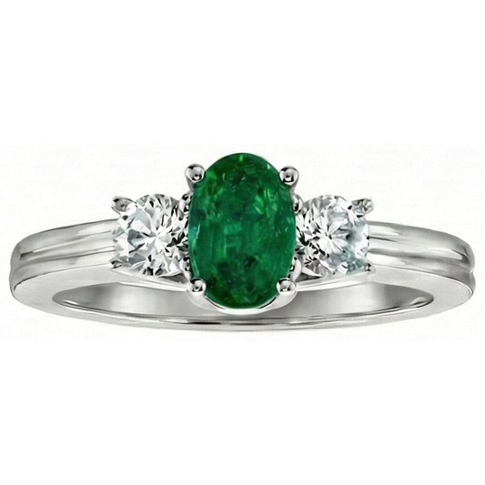 3 Stein Grün Smaragd Und Aus der Erde Abgebauter Natürlicher Diamanten 3,50 Karat Ehering Weißgold 14K