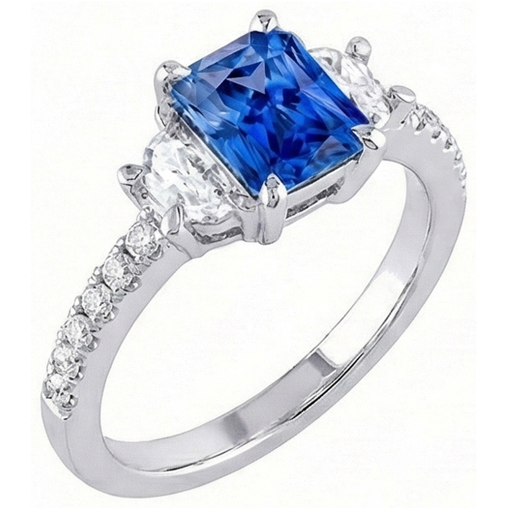 3-Stein-Halbmond-Natürlicher Diamant ( nicht im Labor gezüchtet )-Blauer Saphir-Ring mit Akzenten 3 Karat