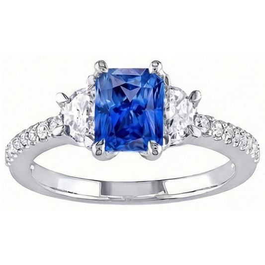 3-Stein-Halbmond-Natürlicher Diamant ( nicht im Labor gezüchtet )-Blauer Saphir-Ring mit Akzenten 3 Karat