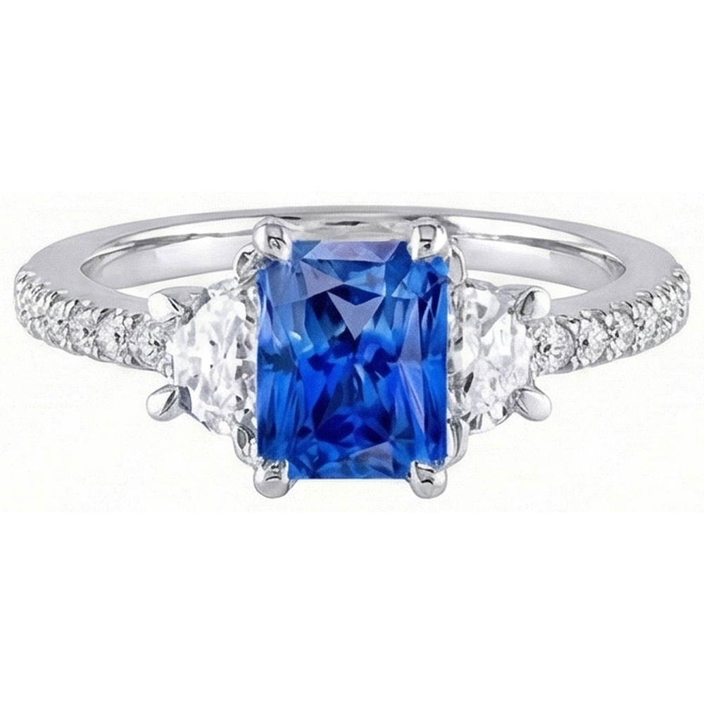 3-Stein-Halbmond-Natürlicher Diamant ( nicht im Labor gezüchtet )-Blauer Saphir-Ring mit Akzenten 3 Karat