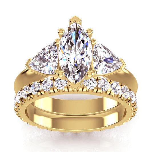 3-Stein-Marquise-Echt Diamant-Billionen-Ring & passendes Band 