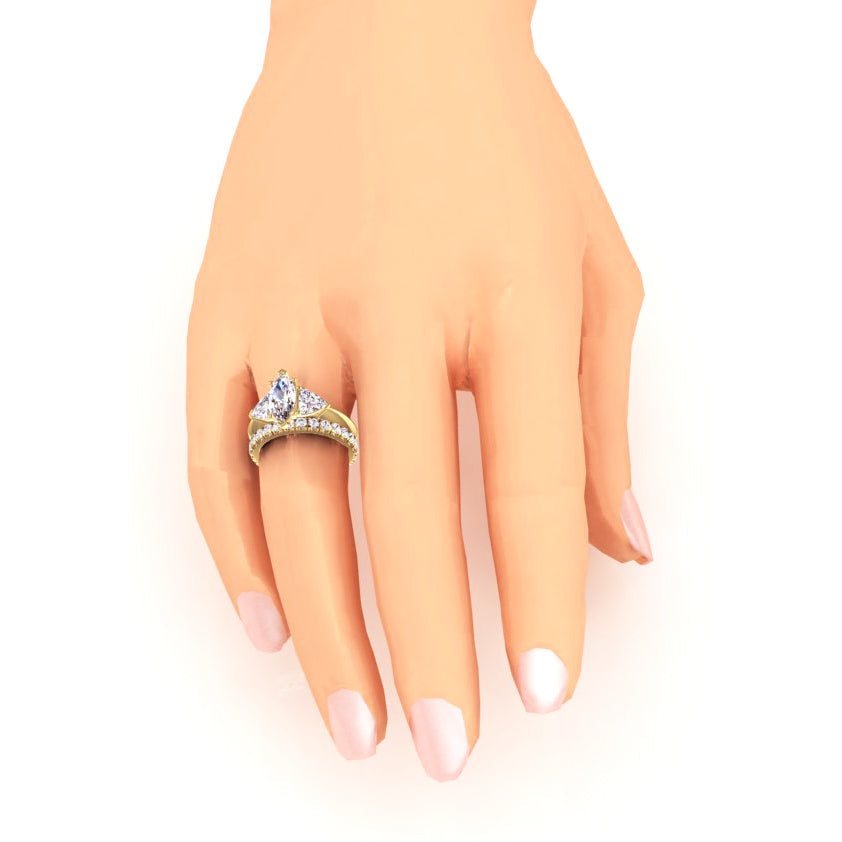 3-Stein-Marquise-Echt Diamant Ring & passendes Band 3 Karat